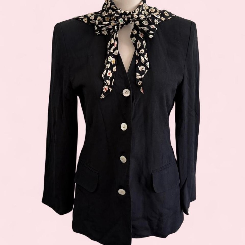 Vintage Ann Taylor Black Button-Front Blouse with Floral Scarf Collar — Size 4